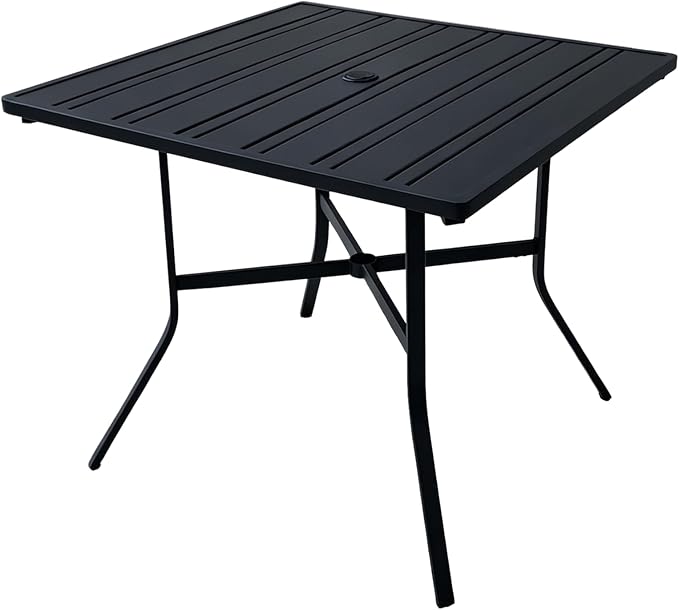 34" Square Patio Table with Umbrella Hole, Metal Outdoor Dining Table for Garden, Backyard and Deck, 4 Person Square Patio Dining Table for Outside, Black