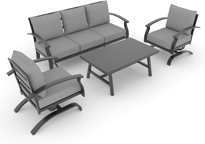 Aluminum Outdoor Patio Furniture Set,4 Pieces 5 Seats Patio Conversation Sets with 45" Propane Fire Pit Table,Metal Patio Sectional Furniture Set with 2 Swivel Rocking Chairs,Grey