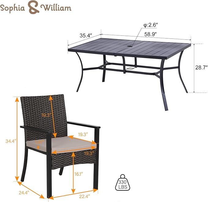 Sophia & William 7-Piece Patio Dining Set, Metal Table, PE Wicker Chairs | All Weather Patio Table and Chairs Set for 6, Perfect for backyard, deck, porch