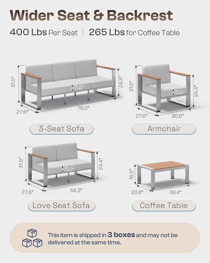 Outdoor Patio Furniture Set, 4 Piece Aluminum Patio Furniture Set with Wide Seat and Thick Cushions, Modern Outdoor Patio Conversation Sets for Deck, Porch (Teak-Gray)