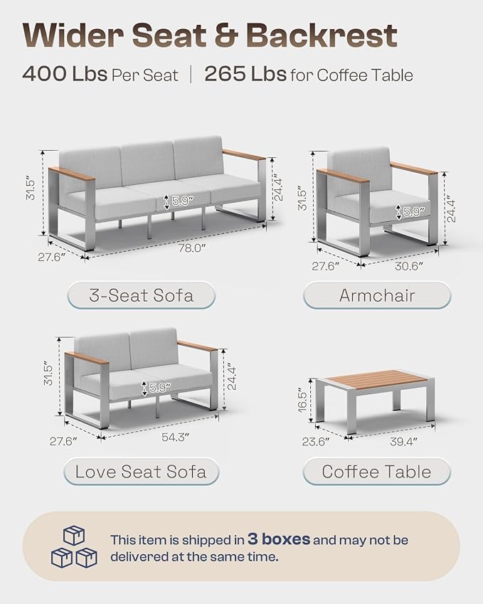 Outdoor Patio Furniture Set, 7 Seats Outdoor Patio Conversation Sets with Ergonomic Seat and Wide Washable Thick Cushions, Modern Patio Sectional Furniture for Balcony, Porch(Teak-Gray