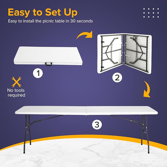 Dopinmin 8FT Plastic Camping Table Foldable Outdoor Dining Table Portable Party Table with Carrying Handle for Parties Wedding BBQ Camping Dining Kitchen,White