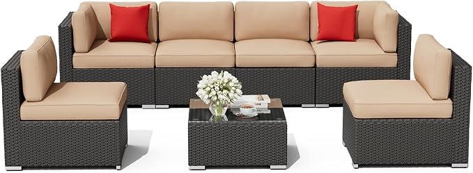 Oakcloud 7-Piece Outdoor Patio Furniture Black Rattan Wicker Sectional Sofa Conversation Set with Glass Top Table and Cushions (Brown)