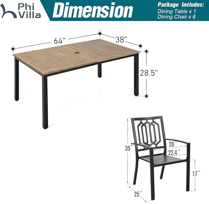 PHI VILLA Outdoor Dining Set for 6& 65”Wood-Like Metal Table | 7PCS-65" Wood-like Table, Net Back Chair, Classic, 65” Brown Wood-Like Metal Steel Table & Stackable Black Iron Chairs