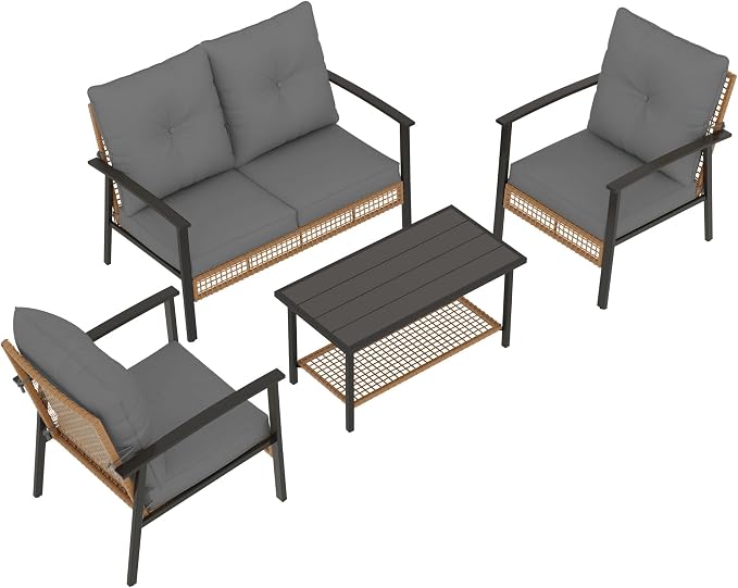 Deersky 4 Piece Outerdoor Patio Furniture Set, All-Weather Modern PE Wicker Rattan Conversation Set with 4" Cushions for Comfortable, Easy to Assemble, Dark Grey