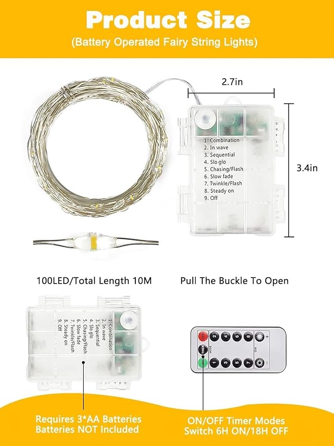 4 Pack 100 LED Fairy Lights Battery Operated with Remote, 33 FT Warm White | Cuttable, 8 Modes, Memory, Dimmable, Waterproof Battery String Lights with Timer for Indoor Outdoor, Christmas Decorations