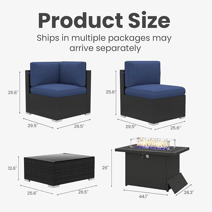 6 Pieces Patio Furniture Set with 44" Propane Gas Fire Pit Table, Outdoor Sectional Wicker Conversation Sofa Sets with Coffee Table