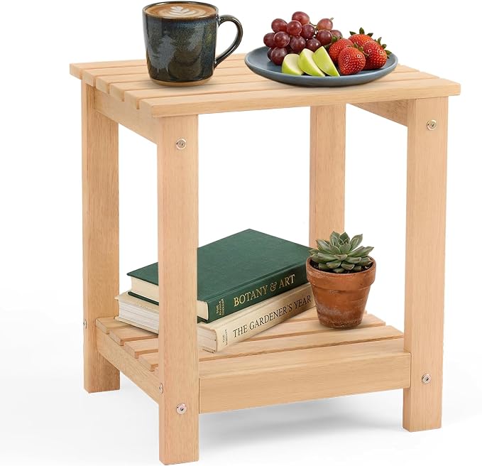 Premium 2-Tier Eucalyptus Wood Side Table with Slatted Storage Shelf, 13" x 16" x 17.5", Wooden Accent Table for Living Room, Entryway or Bedside (Natural)