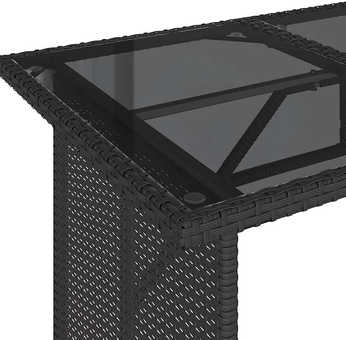 Black Poly Rattan Patio Table with Tempered Glass Top, 43.3x26.8x27.6 Inch Rectangular Outdoor Table for Garden