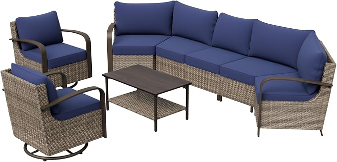 COOS BAY Aurora Terrace 6 Piece Outdoor Sectional Furniture Set, Half Moon Rattan Wicker Conversation Set with Swivel Chairs, 5 Seat Sofa & Coffee Table for Patio Garden Yard, Beige/Blue