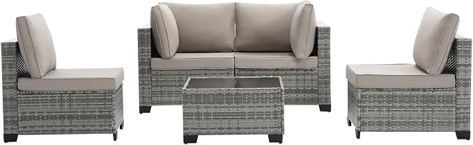 CANMOV 5 Pieces Patio Furniture Sets, All Weather Outdoor Patio Conversation Set, PE Wicker Rattan Sectional Sofa Couch Glass Coffee Table Washable Cushions for Backyard Garden, Poolside, Khaki