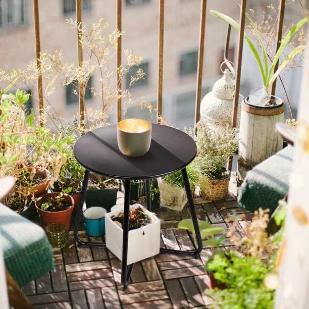 Side Table Anti-Rust Metal Outdoor End Table, Small Round Tables for Garden Balcony Yard, Black