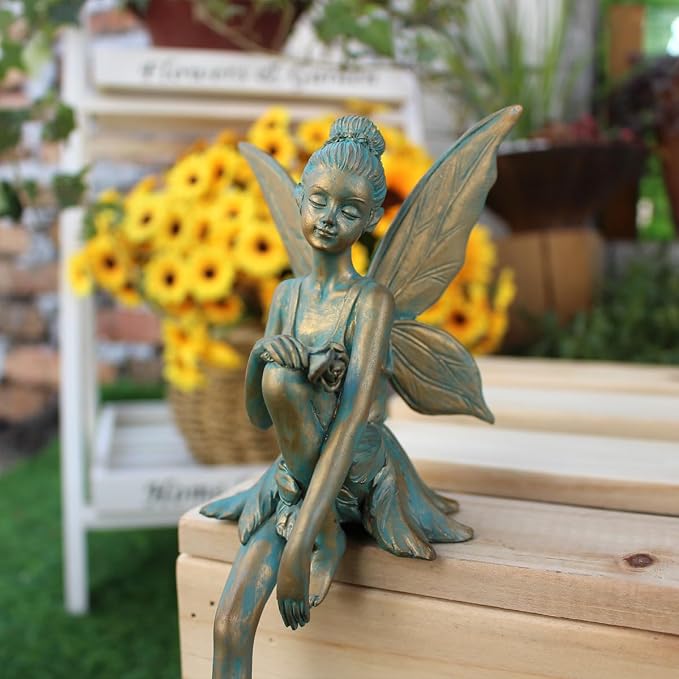 Vintage Bronze Sitting Fairy Statue Outdoor Garden Decor, 7" Tall Resin Angel Figurine Home Shelf Sitter Yard Art Sculpture for Patio Lawn Porch Ornaments
