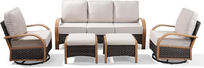Belord 5 Piece Outdoor Patio Furniture Set with 6-Inch Thick Cushions, Outdoor Swivel Rocker Chairs with Patio Couch and Ottomans, 3 Seater Wicker Sofa for Deck Proch Balcony Yard, Wood & Beige