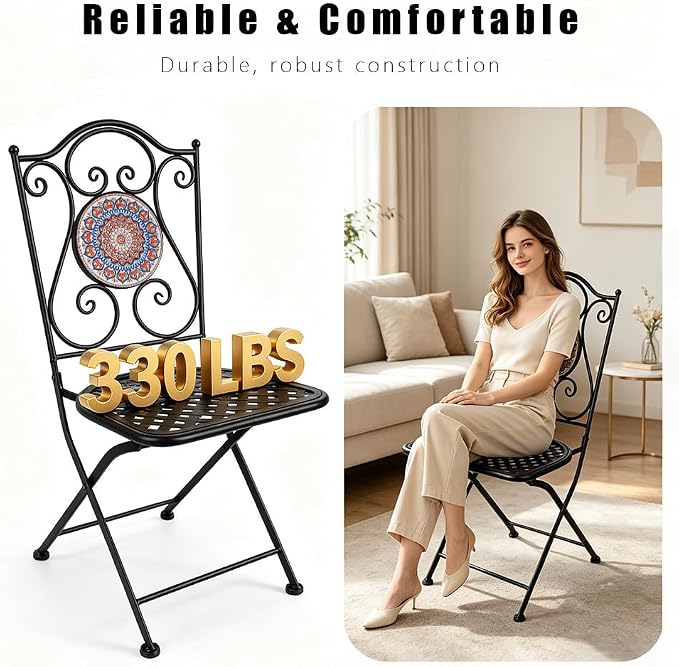 3 Piece Bistro Sets Mosaic Tile Round Table Folding Chairs Garden | Set of 3 Patio Furniture 23.6" Table and 2 Chairs Outdoor Bistro Chairs Artistic Table for Balcony Porch Apartment Backyard
