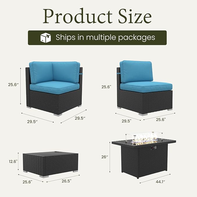 LayinSun 8 Piece Patio Furniture Set with 44" Propane Gas Fire Pit Table, Outdoor Sectional Conversation Set Wicker Rattan Sofa Set with Coffee Table