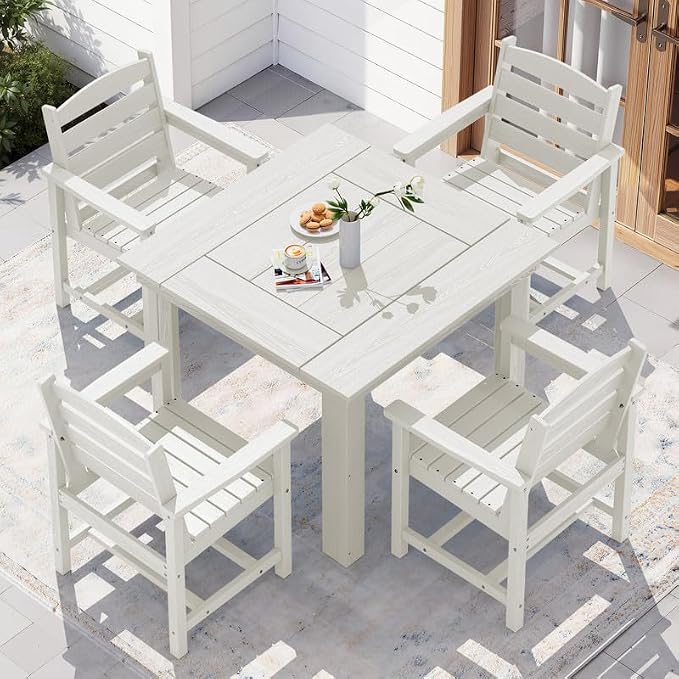 KINGYES HDPE Outdoor Dining Set for 4 with Umbrella, 6-Piece Square Patio Table & Armchairs, All-Weather for Backyard, Garden, Lawn & Poolside, White