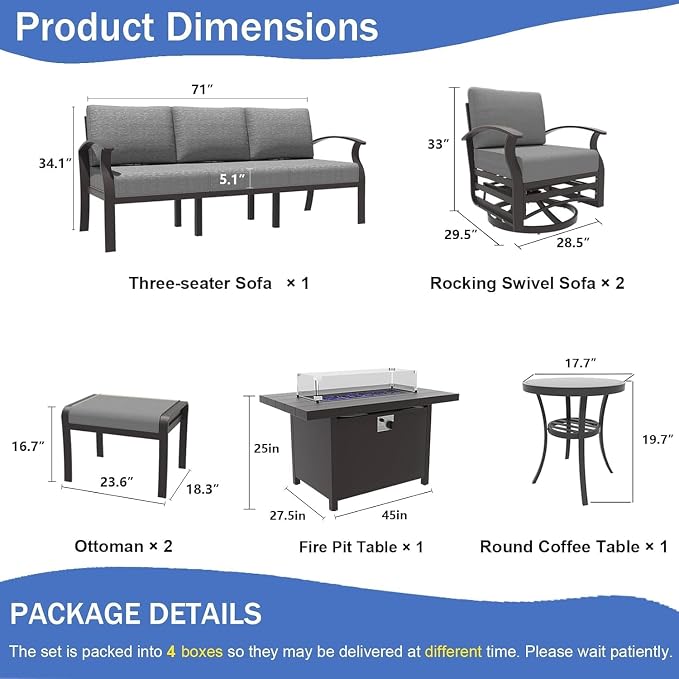 Kullavik Aluminum Patio Furniture Set,7 Piece Modern Metal Outdoor Patio Furniture w/5.1'' Thick Cushion,Swivel Chairs,Ottomans and Propane Fire Pit Table,Patio Conversation Sets for Porch,Deck,Grey