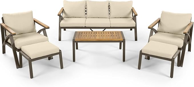Outdoor Patio Furniture Set, 6-Piece Steel Frame Sofa Set with Acacia Wood Coffee Table, 3-Seat Couch, 2 Armchairs, 2 Ottomans, Cushioned Seating for Backyard, Garden, Poolside (Brown,Cream Beige/51)