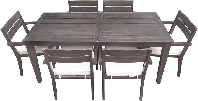 7 Pieces Outdoor Acacia Wood Dining Table Set for 6 with 70.9" Rectangular Table and 6 Chairs, Modern Patio Dinner Set with Cushion for Backyard, Garden, Poolside or Indoor, Antique Gray