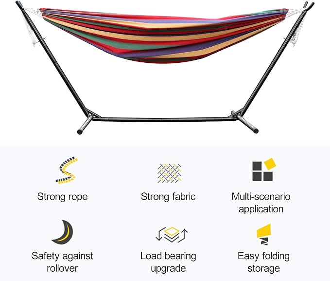 Worparsen Basics Double Hammock with Space Saving Metal Stand,Indoor Hammock Stand with Carrying Bag,Strong Load-Bearing,Striped Print,for Camping Garden Backyard Patio Indoor Outdoor Red