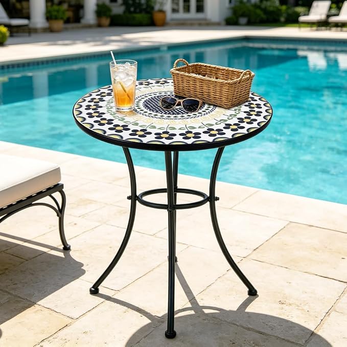 24 Inch Mosaic Patio Round Side Table with Ring Curved Legs Indoor and Outdoor Accent End Table for Yard, Garden, Living Room, Bistro, A - Black Floral