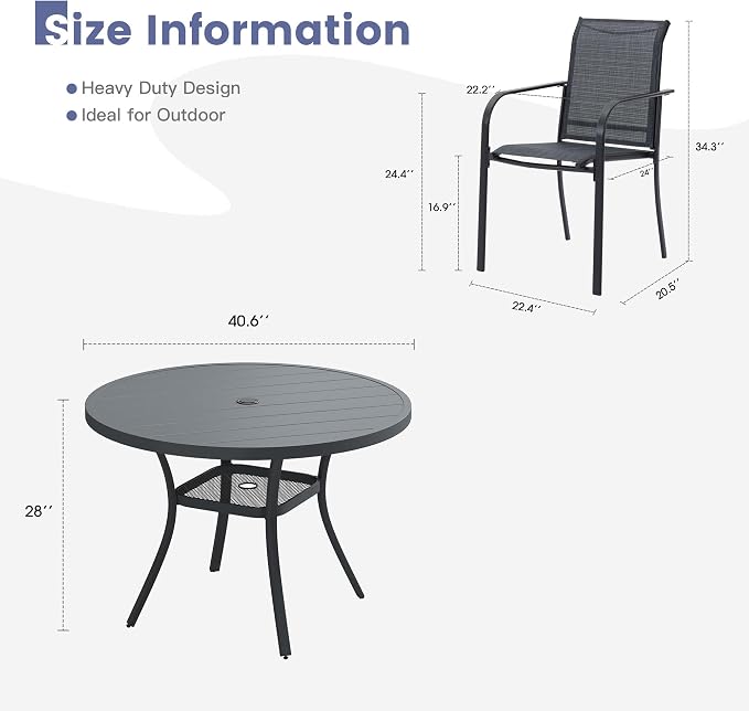 VICLLAX Round Outdoor Dining Set, Patio Table and Chairs Set Set of 4 Patio Stackable Chairs and 40.6" Outdoor Round Table with Umbrella Hole for Lawn Garden, Dark Grey Chairs and Dark Grey Table