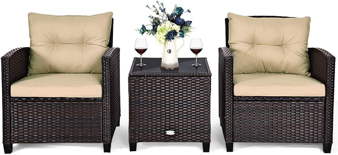 Tangkula 3 Pieces Patio Furniture Set, PE Rattan Wicker 3 Pcs Outdoor Sofa Set w/Washable Cushion and Tempered Glass Tabletop, Conversation Furniture for Garden Poolside Balcony (Beige)