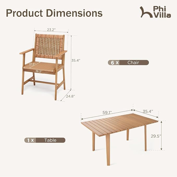 PHI VILLA Patio Dining Set,Acacia Wood Table and Rattan Chairs | PE Rattan chairs, Bright Brown, for Patio, Deck, Yard, Porch