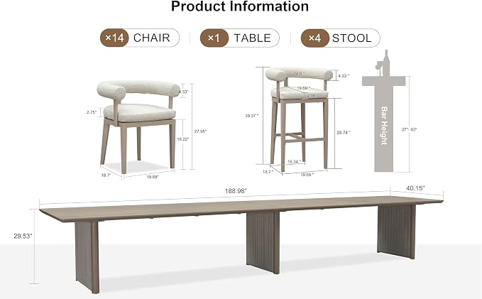 PURPLE LEAF 15 Pieces Patio Dining Set with Tall Bar Stools, Seamless Table | Wraparound Backrests, Sumptuous Textured Olefin Fabric, Cushioned Armrest, Aluminum, Large Gathering, Earth-Tone Palette