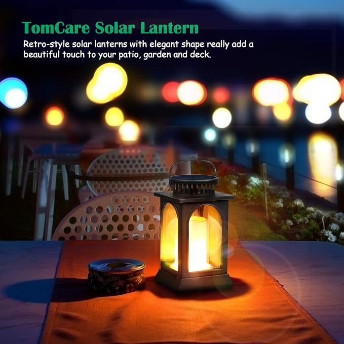 TomCare Flickering Flame Solar Lights Outdoor Metal Hanging Lantern, 2 Pack | Realistic Flame Effect, Charges in 6-8 Hours, 10-12-Hour Runtime, IP65 Waterproof, Auto On/Off for Patio, Garden and Porch