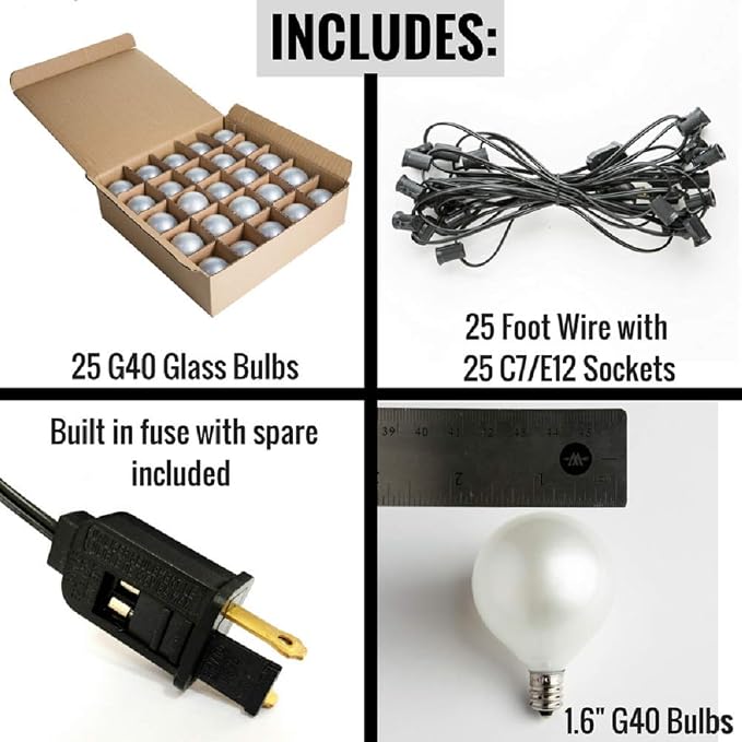 G40 White Pearl Outdoor Patio Globe String Lights (25 Foot - White Wire) | G40 Frosted White Pearl 1.6" Bulbs