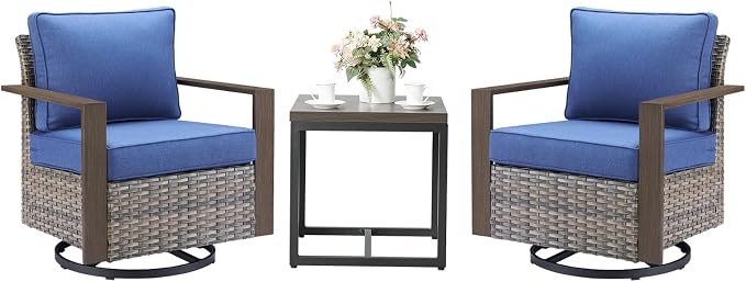 Outdoor Swivel Rocker Patio Chairs Set of 3, High Back Swivel Patio Chairs with Side Table & Metal Arm, Wicker Outdoor Bistro Set for Porch, Yard, Deck, Poolside, Grey/Blue