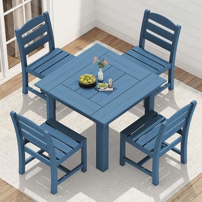 KINGYES 8-Piece HDPE Outdoor Dining Set for 6, Square Patio Table & Armless Chairs with Umbrella Hole, All-Weather Patio Dining Set for Backyard, Garden, Lawn & Poolside, Blue