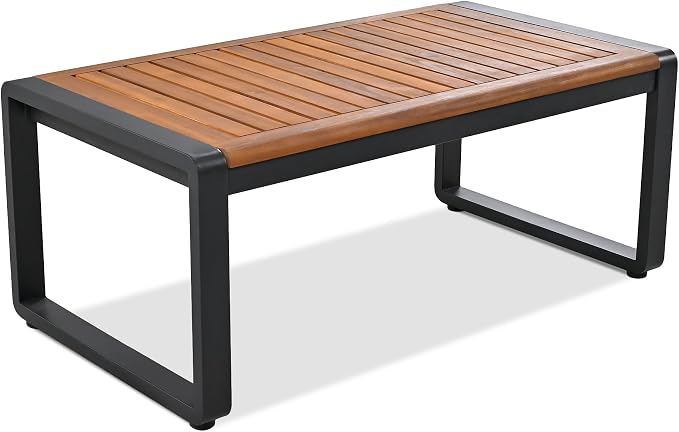 Merax 4-Piece Large Size Outdoor Conversation Sofa Set, Metal and Acacia Wood Frame Sofa with Removable Cushions, Waterproof & UV-Resistant, 5-Person Patio Furniture for Garden Backyard, Gray