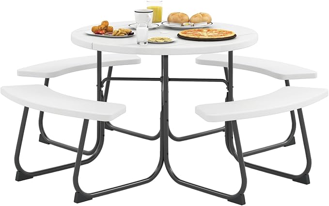 Moccha Picnic Table Bench Set - Outdoor Table and Chairs with Umbrella Hole, HDPE Tabletop & Metal Frame, Dining Table Set, Outdoor Camping Table for Garden Backyard Porch Patio Table Set (White)