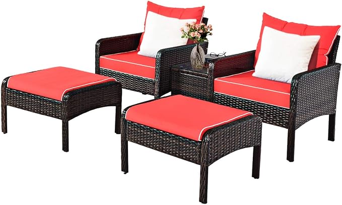 COSTWAY 5 PCS Patio Rattan Furniture Set, Outdoor Cushioned Sofa with Ottomans and Coffee Table, Wicker Conversation Set for Backyard Porch Lawn Poolsid, Red