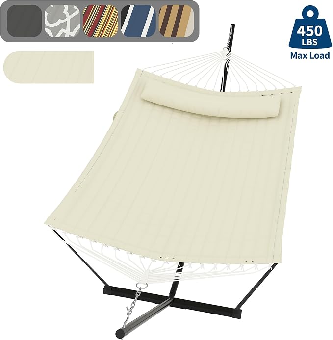 Double Hammock with Stand for 2 Persons, Outdoor Heavy Duty Hammock with Pillow & Balance Rope, 450 Lbs Capacity Freestanding Hammock for Patio, Backyard, Poolside Relaxation, Easy Assembly-Off White