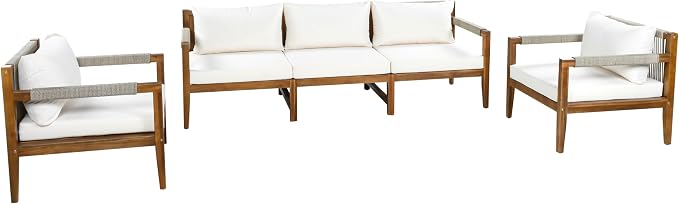 GDFStudio 3 Piece Patio Furniture Set, Acacia Wood Outdoor Sofa Set with Cushions, Rope Woven Conversation Set, 3 Seat Couch & 2 Chairs for Backyard Patio Deck Porch Garden Poolside, Beige