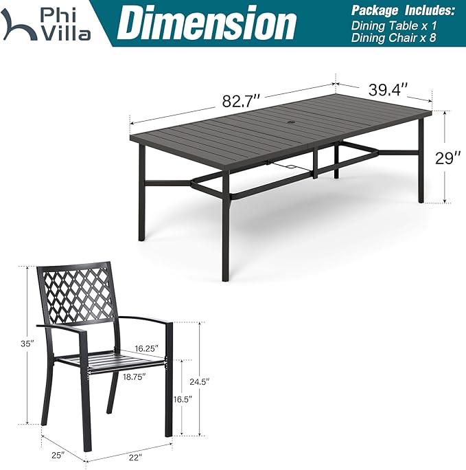 PHI VILLA 9 Pcs Outdoor Dining Set for 8,83" Rectangular Metal Table, Black | Metal Table with Umbrella Hole & Stackable Black Wrought Iron Chairs, Large Outside Furniture for Patio, Deck, Yard, Porch
