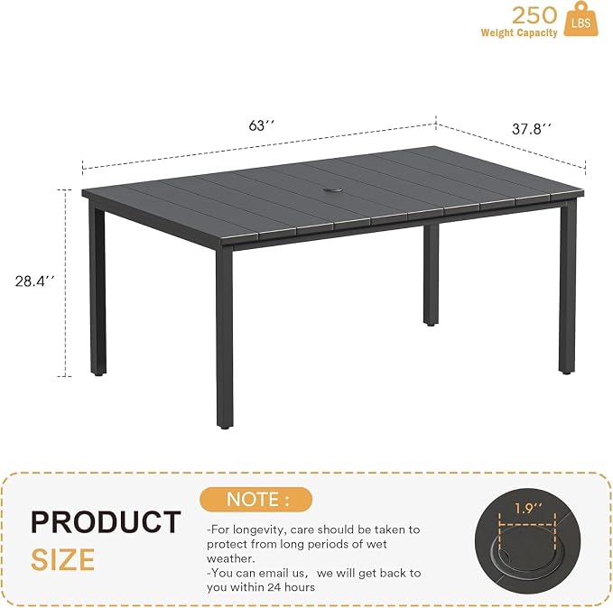 VICLLAX 63" Rectangle Outdoor Dining Table for 6, Patio Table with Umbrella Hole, All Weather Metal Patio Tables, Black Tabletop