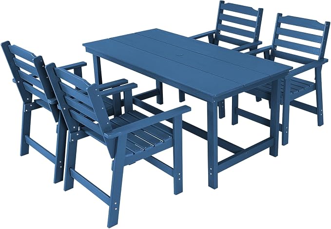 FUNBERRY Outdoor Dining Set, HDPE 5 Piece Dining Table Set with Chairs | 2" Umbrella Hole Table, Wood-Grain, HDPE All Weather, No Rot or Rust or Crack, UV Fade Shield, Easy-Clean for Outside