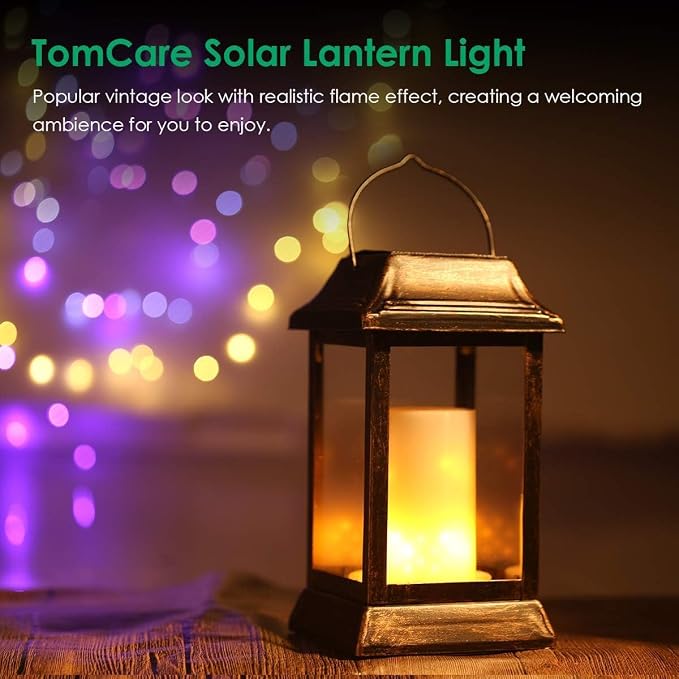 TomCare Flickering Flame Solar Lights Outdoor Metal Hanging Lantern, 4 Pack | Realistic Flame Effect, Charges in 6-8 Hours, 10-12-Hour Runtime, IP65 Waterproof, Auto On/Off for Patio, Garden and Porch