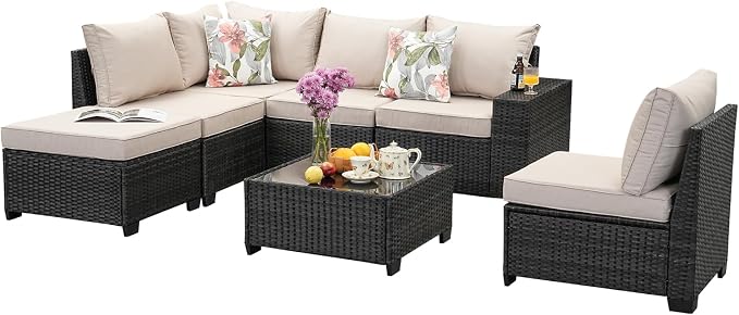 7 Pieces Outdoor Patio Furniture Set, Wicker Conversation Sets with Tea Table, Rattan Patio Sofa with Thick Cushions for Garden, Backyard Porch, Poolside,Beige