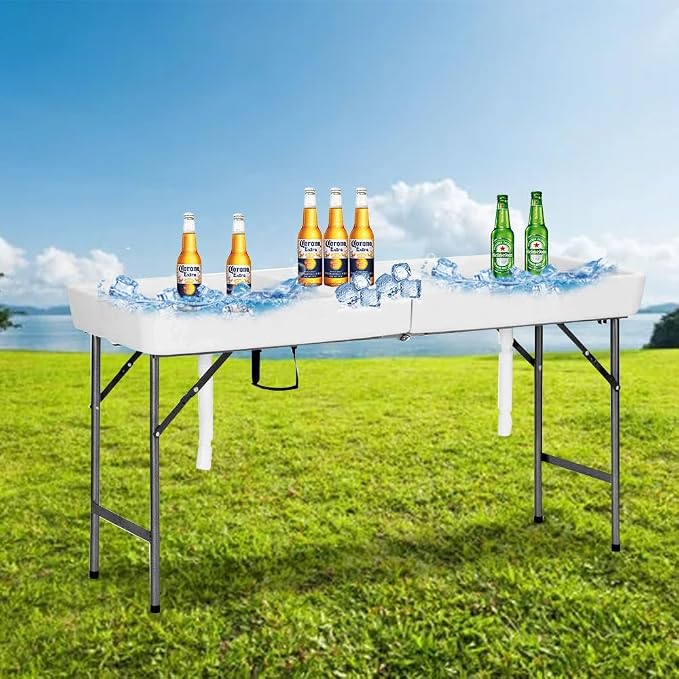 THABTAD 5ft Party Cooler Folding Table, Ice Table for Parties with Drain, Plastic Cooler Table for Drinks Beverages, Party Ice Bin, BBQ, Camping, Picnic, Wedding, White