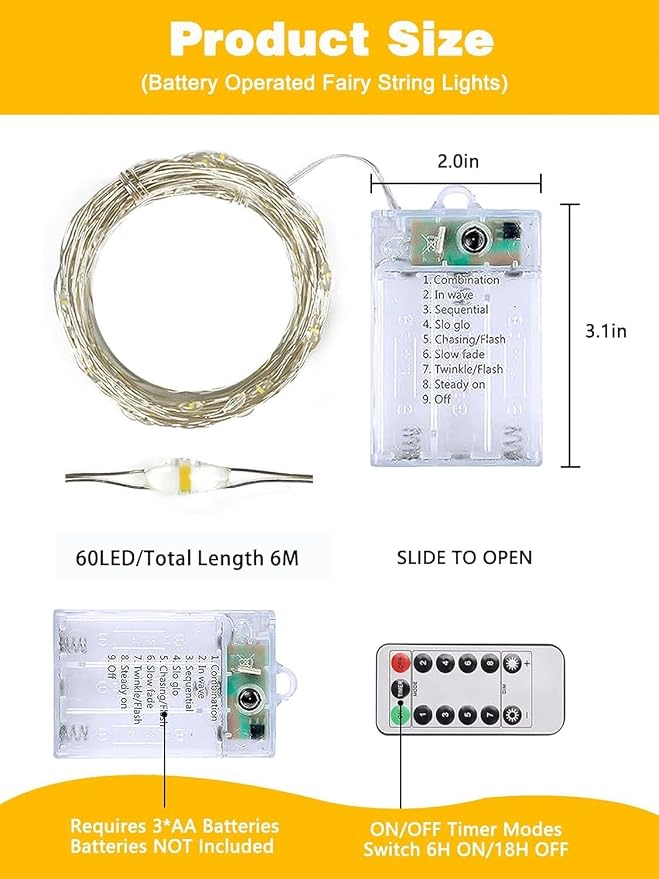 6 Pack 60 LED Fairy Lights Battery Operated with Remote, 20 FT Warm White | Cuttable, 8 Modes, Memory, Dimmable, Waterproof Battery String Lights with Timer for Indoor Outdoor, Christmas Decorations
