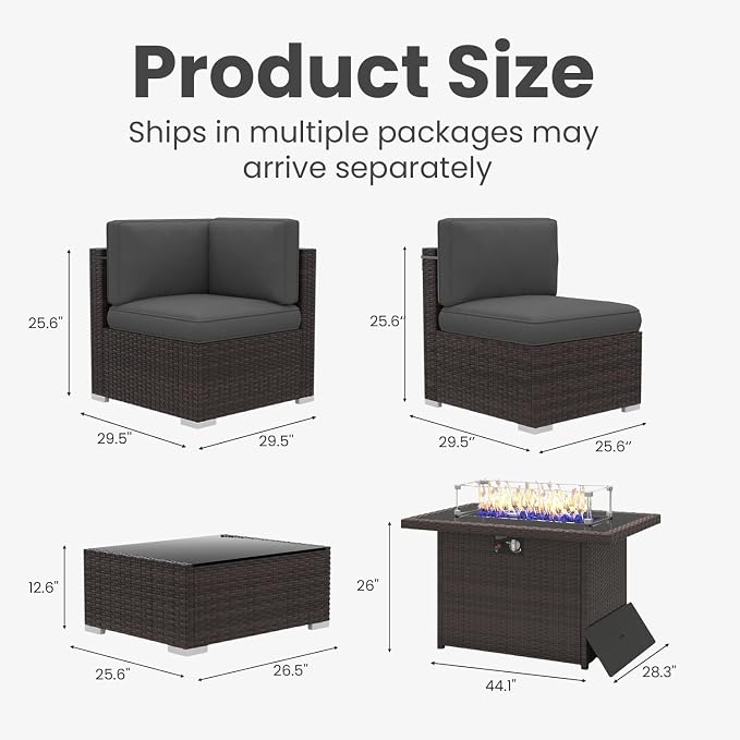 10 Pieces Patio Furniture Set with 44" Propane Gas Fire Pit Table, Outdoor Sectional Brown Rattan Wicker Conversation Sofa Sets with Coffee Table