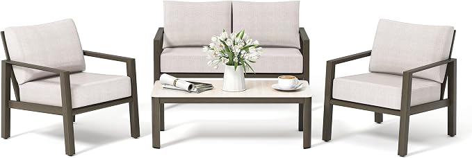 HAPPATIO Patio Conversation Set, 4-Piece Aluminum Oversized Patio Furniture Set with Rope Woven Backrest, 2 Chairs and Loveseat with Thick Cushion, Hand-Brushed Frame for Yard, Porch, Balcony