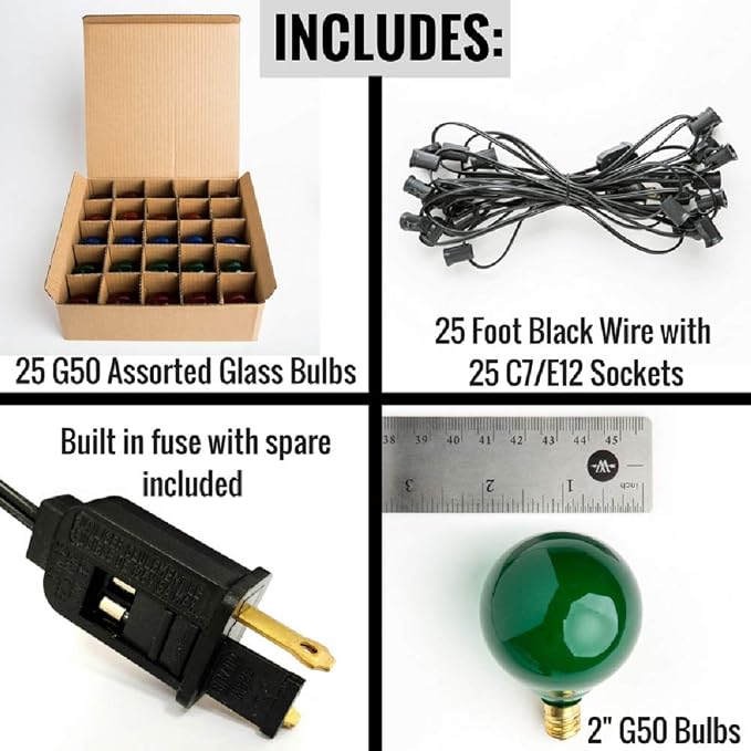25 Foot Outdoor Colored String Lights with G50 Assorted Bulbs – Black Wire | G50 Assorted Satin Pearl 2 Inch Globe Bulbs for Patio Balcony Awning Canopy and Party Lighting