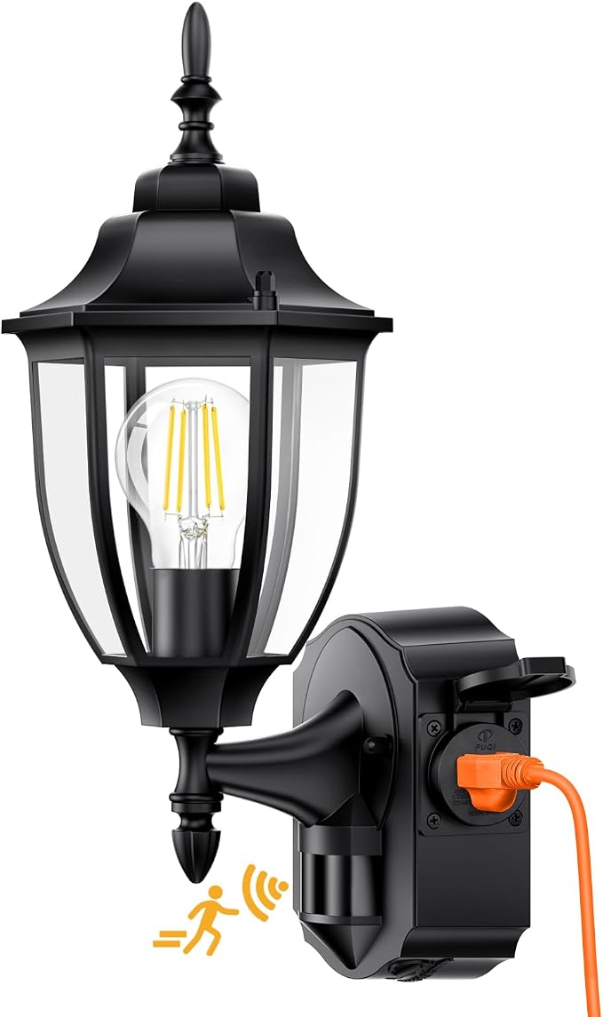 Porch Lights with Outlet, Motion Sensor Outdoor Lights, Updated Dusk to Dawn Exterior Lighting Fixtures, Waterproof Anti-Rust Aluminum Outside Light for House Entryway Garage, Black